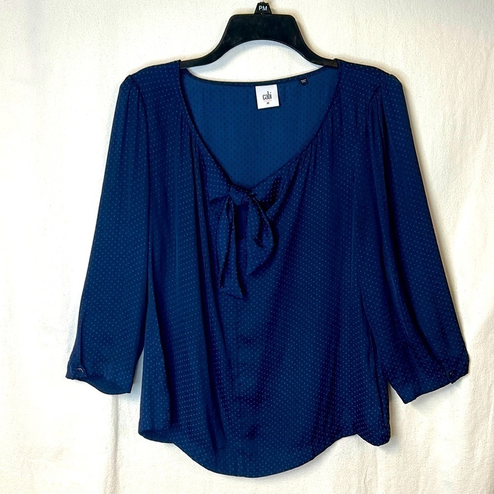 CABI Women’s Blouse Navy Blue Size M Tie Front Dotted Print Shimmer 3/4 Sleeve